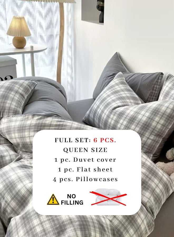 LUNA Home Queen Size 6 Pieces without filler complete, Grey Checkered Design Bedding set. - Image 2